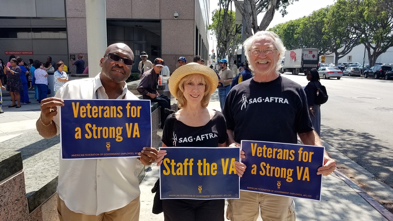 MOVE L.A. members joined SAG-AFTRA L.A. Military Personnel and Family Services Committee members and American Federation of Government Employees on Aug. 30, to urge lawmakers to oppose efforts to shut down VA hospitals. From left, New Directions Veterans Choir member George Hill, MOVE L.A. Chair and Los Angeles Local 2nd Vice President Ellen Crawford and MOVE L.A. committee member Mike Genovese.