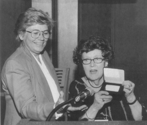 Outgoing AFTRA National President Shelby Scott, left, presented the George Heller Memorial Gold Card to Martha Greenhouse at the AFTRA convention in St. Paul, Minn. in August 2001.