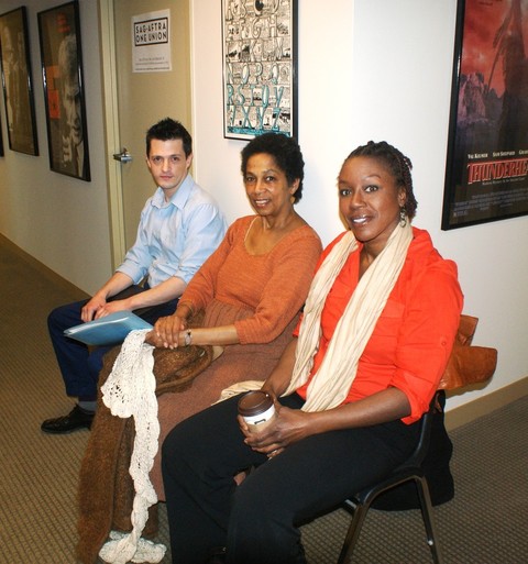 SAG-AFTRA members Matt Cannon, Maria Broom, and Barbara Asare-Bediko wait patiently for their turn to meet with Erica Arvold and Anne Chapman