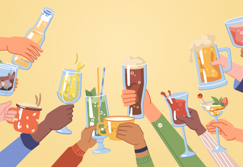 Illustration of diverse hands raising different drinks