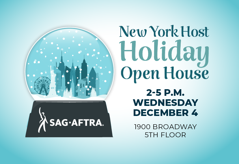 New York Host Holiday Open House invitation with a winter snow globe showing a city skyline.