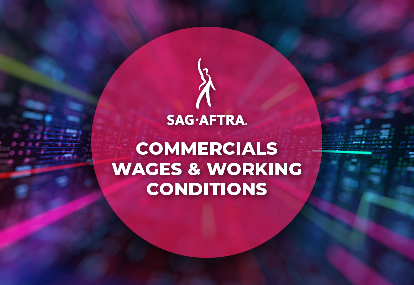 The text "Commercials Wages and Working Conditions" in white appears over a multi-color background.