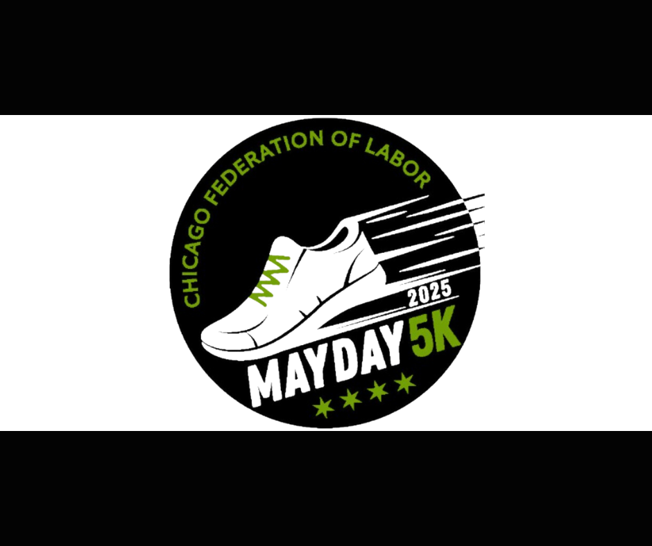 Graphic of the CFL May Day 5k with a white shoe, white writing, and green accents