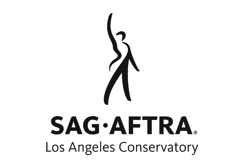 SAG-AFTRA Los Angeles Conservatory Logo  with a black figure and its upraised right arm to the left of "SAG-AFTRA" with "Los Angeles Conservatory" underneath. All text and image in black with white background.