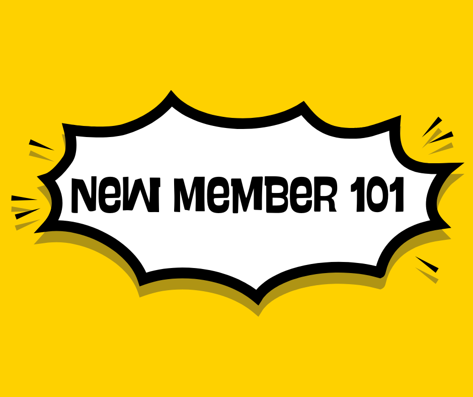 The words "new member 101" in black on a white burst shape on a yellow background