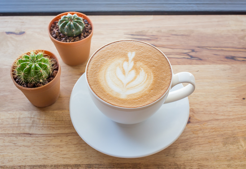 White coffee mug on a wooden table with a heart in the latte and two small cactus in terra cotta pots next to it.