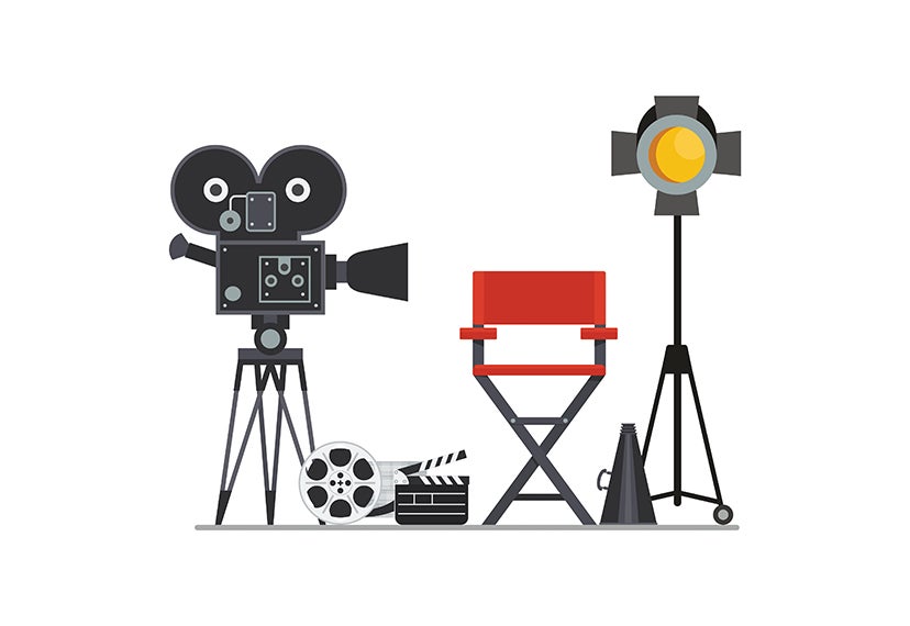 An image of a film camera, a director's chair, and stage lights.