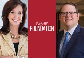 A 3-in-1 image of SAG-AFTRA Executive Director Cyd Wilson's and SAG-AFTRA NED & Chief Negotiator's Duncan Crabtree-Ireland's headshots. In between is the SAG-AFTRA Foundation logo. 