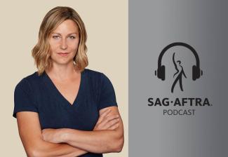 A two-in-one photo of Samantha MacIvor and the SAG-AFTRA podcast logo. MacIvor wears a dark blue V-neck T-shirt and her arms are crossed. The podcast logo depicts a pair of headphones over the figure. "SAG-AFTRA podcast" appears in all-cap lettering, black, with SAG-AFTRA in bold font.