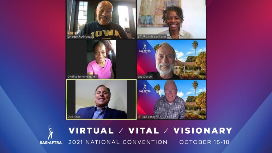 A screengrab of six smiling individuals bordered by a red, purple and blue gradient. Underneath is the SAG-AFTRA logo and two lines of copy, “Virtual / Vital / Visionary” and “2021 National Convention October 15–18,” in white.