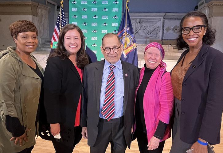 From left, New York Local Board member Verania Kenton; Executive Director, New York Local, Labor Policy & International Affairs Rebecca Damon; Rep. Jerry Nadler; and New York Local Board members leslie Shreve and Avis Boone.