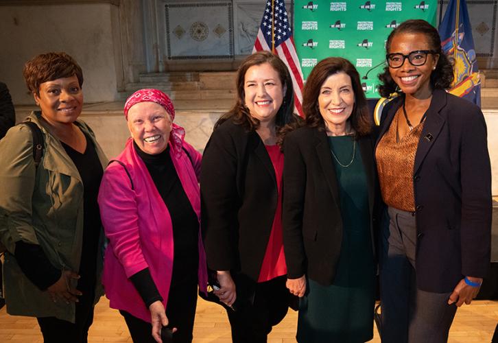 From left, New York Local Board members Verania Kenton; leslie Shreve; Executive Director, New York Local, Labor Policy & International Affairs Rebecca Damon; Gov. Kathy Hochul; and New York Local Board member Avis Boone.