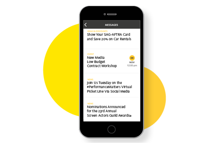 Screenshot of the Message Center on the SAG-AFTRA Mobile App.