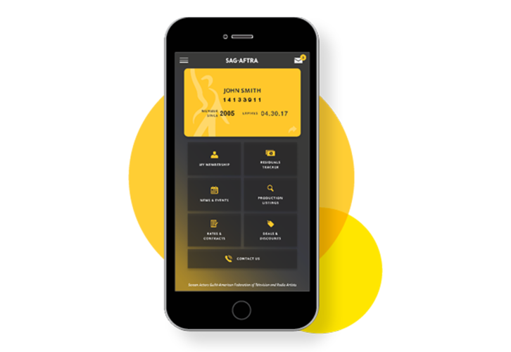 Image of mobile phone displaying the landing page of the SAG-AFTRA Mobile App.