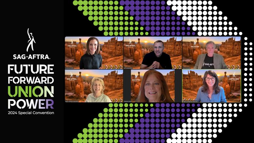 A screengrab of six smiling individuals against a backdrop with a green, purple and white chevron. The SAG-AFTRA logo and text on the left reads “Future Forward Union Power 2024 Special Convention.” “Union Power” has a green, white and purple color gradient.