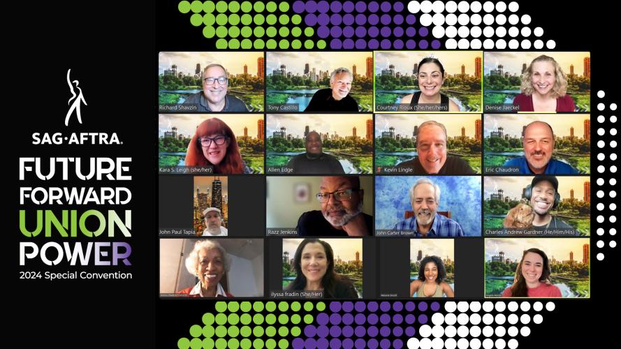 A screengrab of 16 smiling individuals against a backdrop with a green, purple and white chevron. The SAG-AFTRA logo and text on the left reads “Future Forward Union Power 2024 Special Convention.” “Union Power” has a green, white and purple color gradient.