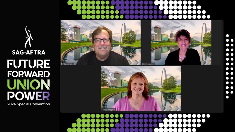 A screengrab of three smiling individuals against a backdrop with a green, purple and white chevron. The SAG-AFTRA logo and text on the left reads “Future Forward Union Power 2024 Special Convention.” “Union Power” has a green, white and purple color gradient.