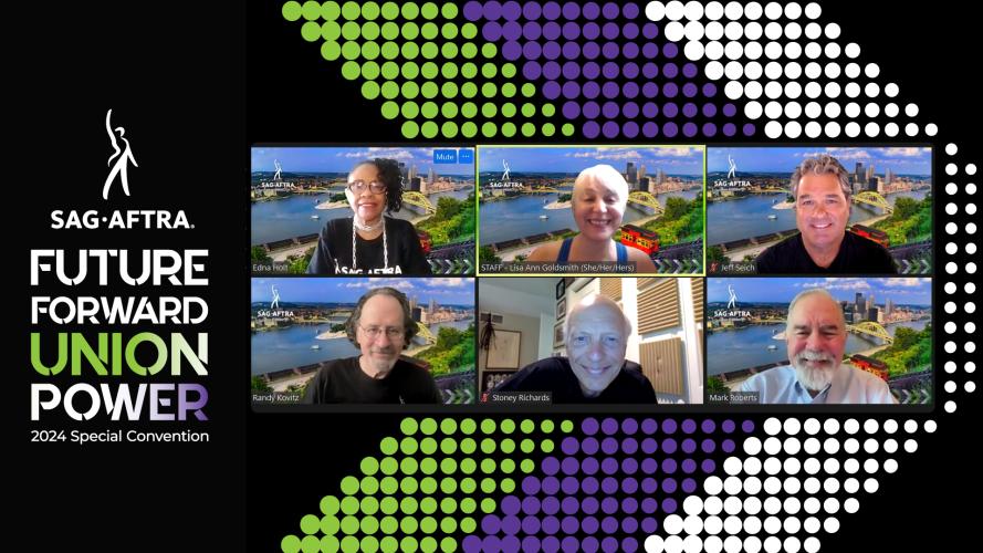 A screengrab of six smiling individuals against a backdrop with a green, purple and white chevron. The SAG-AFTRA logo and text on the left reads “Future Forward Union Power 2024 Special Convention.” “Union Power” has a green, white and purple color gradient.