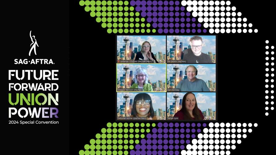 A screengrab of six smiling individuals against a backdrop with a green, purple and white chevron. The SAG-AFTRA logo and text on the left reads “Future Forward Union Power 2024 Special Convention.” “Union Power” has a green, white and purple color gradient.