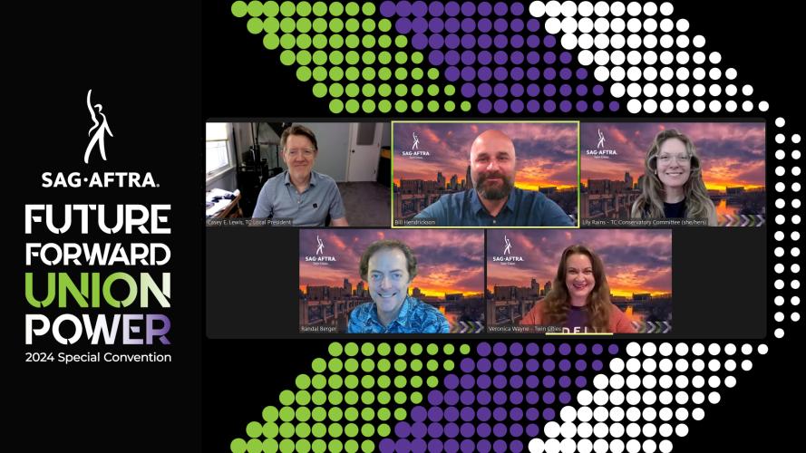 A screengrab of 5 smiling individuals against a backdrop with a green, purple and white chevron. The SAG-AFTRA logo and text on the left reads “Future Forward Union Power 2024 Special Convention.” “Union Power” has a green, white and purple color gradient.