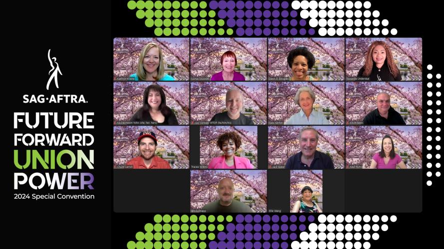 A screengrab of 14 smiling individuals against a backdrop with a green, purple and white chevron. The SAG-AFTRA logo and text on the left reads “Future Forward Union Power 2024 Special Convention.” “Union Power” has a green, white and purple color gradient.