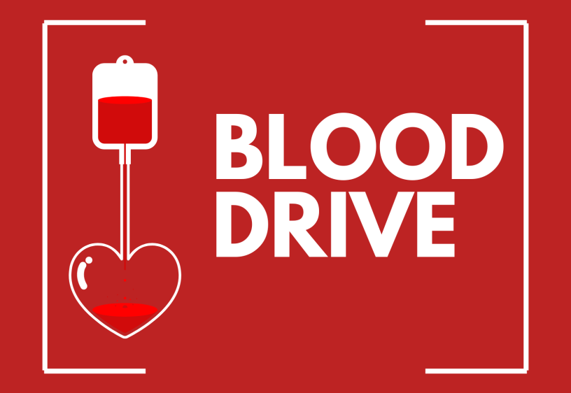 Blood drive text over a red background. An illustration of a pint of blood connected to a heart is to the left. 