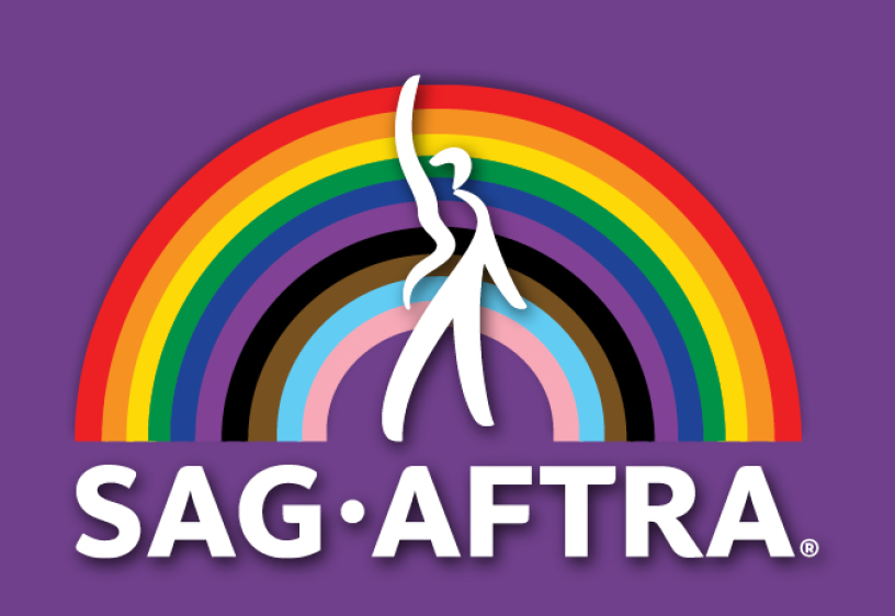 SAG-AFTRA text and logo over a purple background with pride rainbow