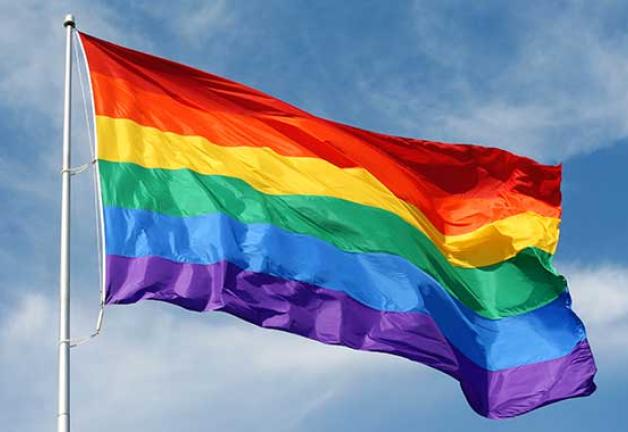 Image of rainbow flag on flag pole flying in wind