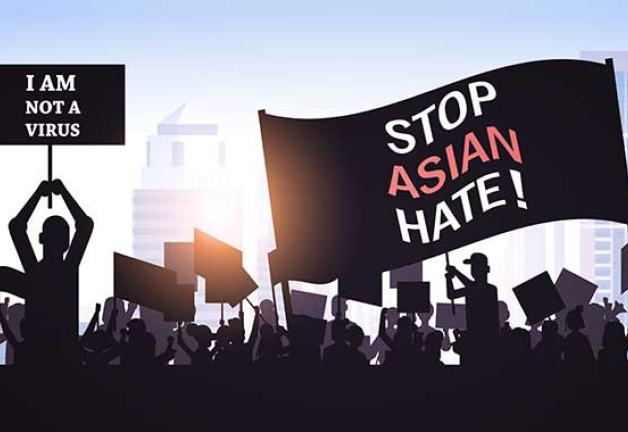 Illustration of people holding signs reading 'Stop Asian Hate' and 'I am NOT a Virus'