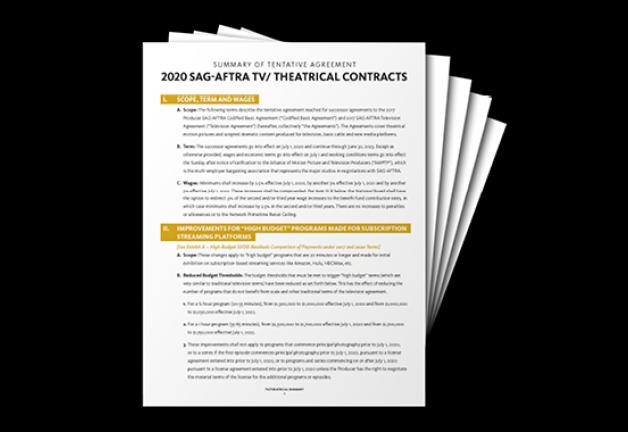 "Summary of Tentative 2020 SAG-AFTRA TV/Theatrical Contracts" on top of piles of fanned out papers on a black background