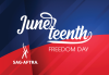 A red, white and blue patriotic background with the text Juneteenth Freedom Day across the front with the SAG-AFTRA logo in the lower left corner. 