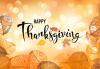 "Happy Thanksgiving" on a gold light orb background with orange yellow and brown leaves along the sides and bottom of the graphic