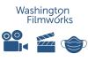 'Washington Filmworks' logo with camera, clapper and mask below in blue