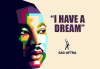 An image of Dr. Martin Luther King Jr., left. His face is cast in various colors like sky blue and yellow. To the right is the text "I have a dream," in all-cap, purple lettering and the SAG-AFTRA logo. 