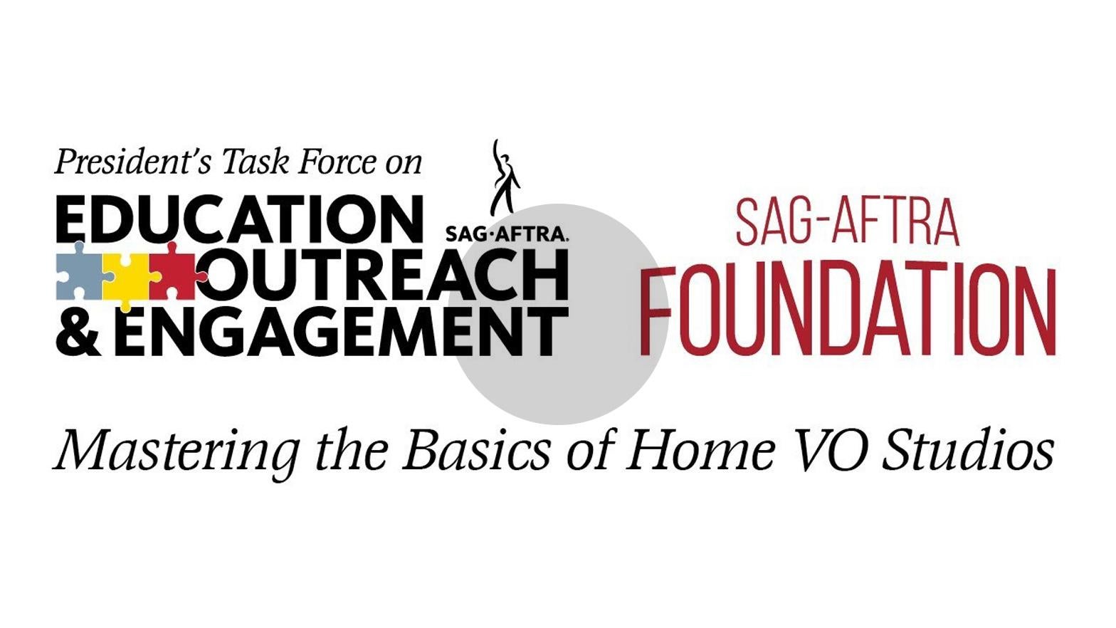 PTEOE Logo on the left and SAG-AFTRA Foundation logo to the right with "Mastering the Basics of the Home VO Studio" in black across the bottom of both logos on a white background