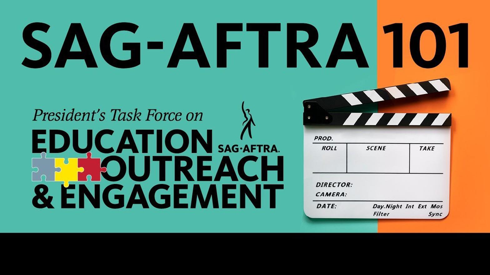 "SAG-AFTRA 101" PTEOE logo with a clapper on the right side of the screen