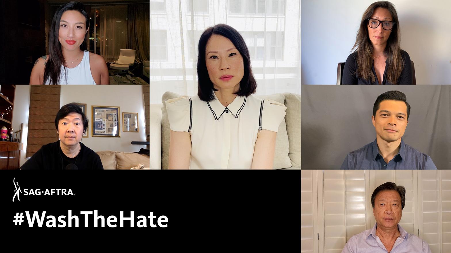 Stills from video, Jeannie Mai, Ken Jeong, Lucy Liu, Christina Chang, Vincent Rodriguez III, Tzi Ma with #WashTheHate