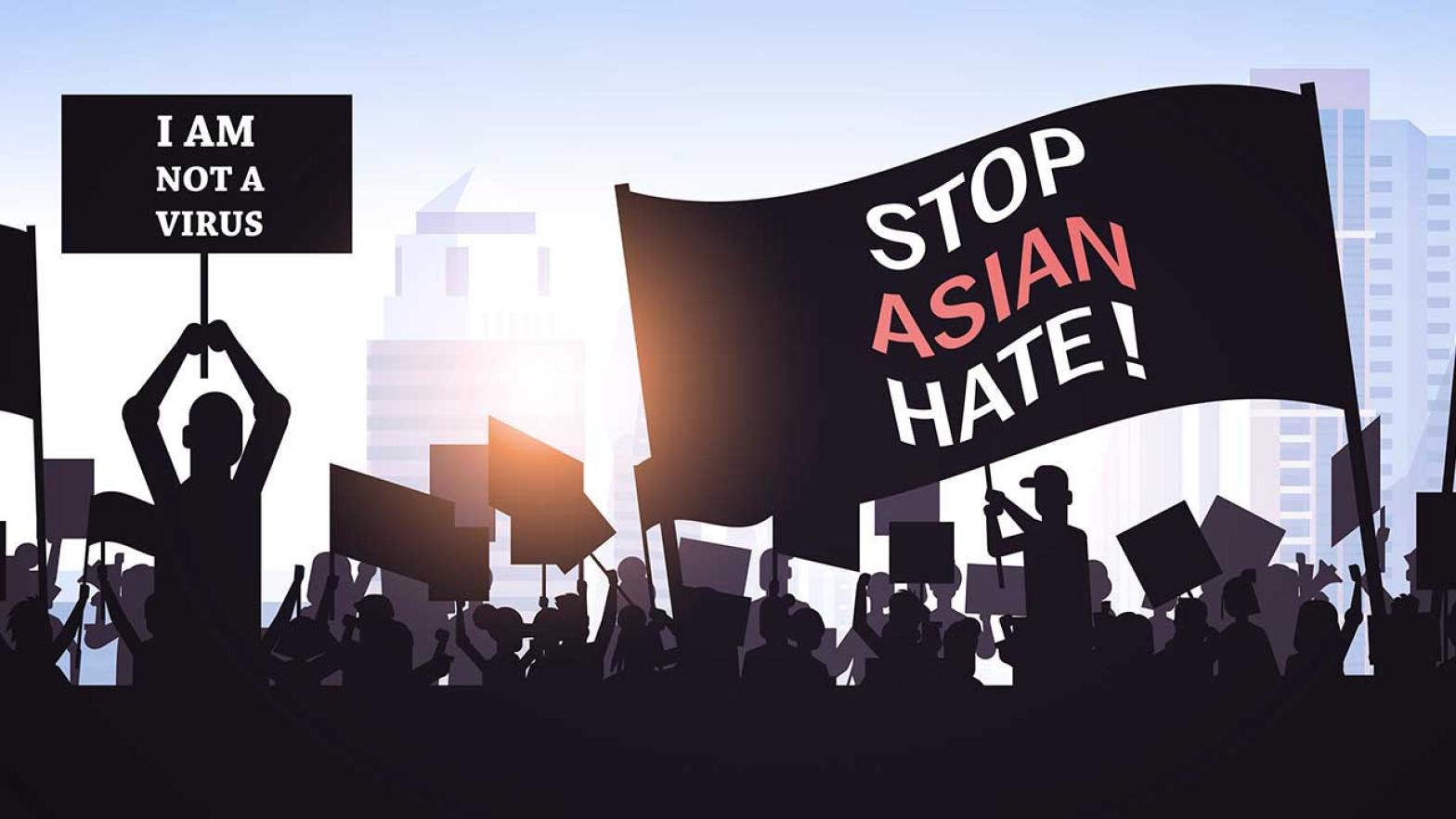 Illustration of people holding signs reading 'Stop Asian Hate' and 'I am NOT a Virus'